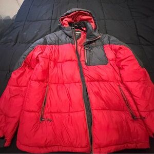 Men's Red and Black Insulated Puffer Jacket with Hood